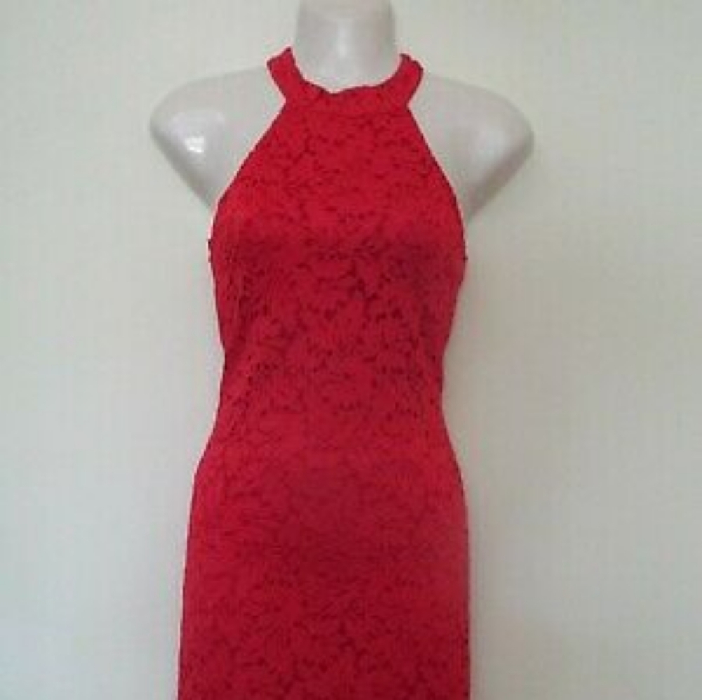Lulus Strut and Stun Red Lace Halter Midi Dress
